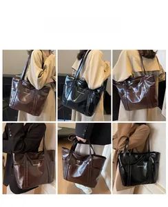 Collage of model wearing black and brown large capacity tote bags in urban settings