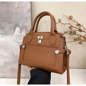 Close-up of brown litchi pattern leather bag with silver buckle and hand handle