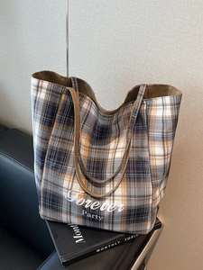 Grand Sac Fourre-Tout en Toile pour Femmes Motif à Carreaux Imprimé Forever Party Sac à Épaule Décontracté Rétro Shopper pour Femmes