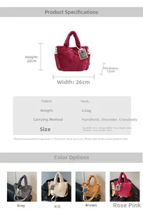 Detail view of plush faux fur bucket bags in grey, beige, brown, and pink with straps