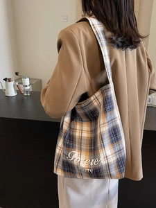 Grand sac fourre-tout en toile à motif écossais et imprimé Forever Party pour l'automne