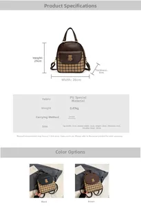 Detailed size chart and specifications for the plaid patchwork backpack with bear logo