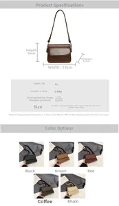 Detailed size and material specification chart for the vintage PU leather crossbody bag