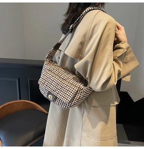 Japanese style checkered crossbody bag with leather strap and golden metal swivel lock