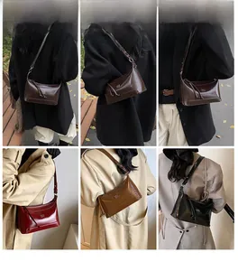 Model lifestyle shots of glossy patent leather pillow bags in four trendy fall colors