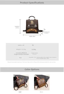 Detailed dimensions and specs of vintage PU leather backpack with bear patch and metal buckle