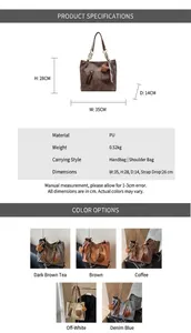 Detailed dimension guide for large PU tote bag with size specs and strap length