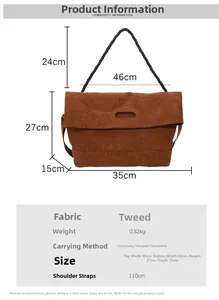 Size chart showing large corduroy tote bag dimensions and functional specifications