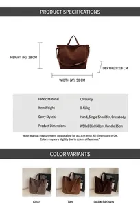 Detailed size specifications and dimensions for large suede tote bag in various colors