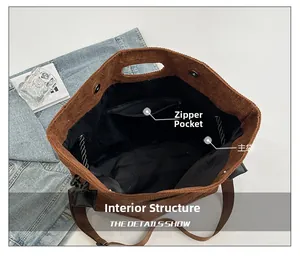 Interior view of brown corduroy tote bag showing spacious main pocket and zipper pocket