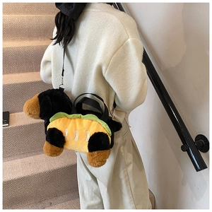 Detail of soft plush hot dog dachshund bag with high-quality embroidery and strap