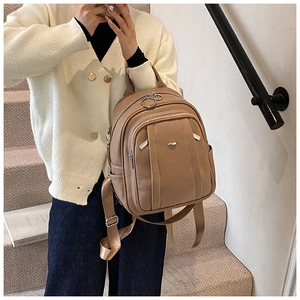 Detail eines khakifarbenen Lederrucksacks mit Ringreißverschlüssen und Mehrfachtaschen