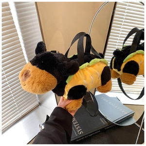 Close-up of plush puppy bag in hot dog outfit with black top handles and crossbody strap