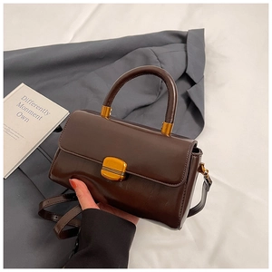 Detailed view of the dark brown retro handbag with golden square lock and glossy leather finish