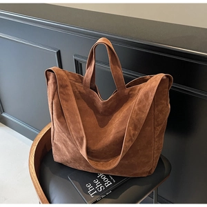 Large Capacity Suede Tote Bag For Women Vintage Minimalist Shoulder Bag Solid Color Hobo Bag With Wide Strap Handbag