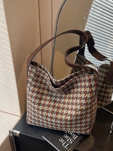 Dames Grote Capaciteit Tote Bag Retro Ruit Hahnentritt Tweed Schoudertas Vintage Handtas Woon-werkverkeer Hobo Tas