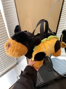 Cute plush puppy dog handbag with yellow taco outfit and adjustable black shoulder strap