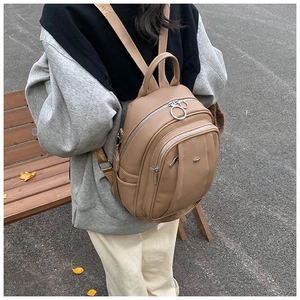 Detail eines khakifarbenen PU-Lederrucksacks mit Metall-Reißverschlüssen und Seitentaschen