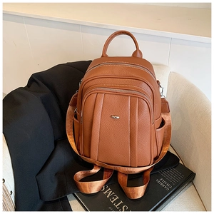 Detail eines karamellbraunen Lederrucksacks mit Reißverschlusstaschen auf Sakko