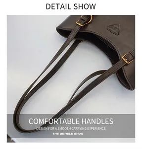 Détails rapprochés d'un sac cabas marron foncé montrant la texture et les dorures