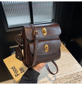 Detailed view of dark brown vintage crossbody bag featuring double gold oval turn-locks