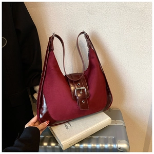 Retro burgundy matte tote bag with polished leather patch and large metallic buckle