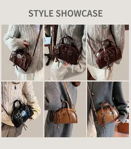Detailed views of vintage bowling-style handbags in black, dark brown, and caramel colors