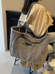 Retro grey plush tote bag for women showing its large capacity and warm autumn texture