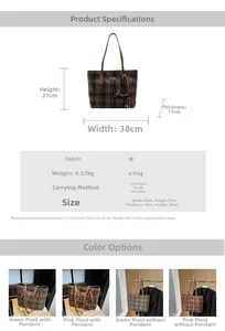 Detailed size specifications for the plaid tote bag with width height and handle measurements