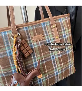 Detail of plaid wool tote bag featuring leather handles and bear logo with bag charms