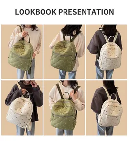 Détail d'un sac à dos matelassé avec broderie de nœuds et compartiments spacieux