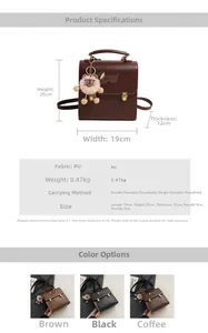 Detailed size chart for vintage PU leather backpack with dimensions and color options