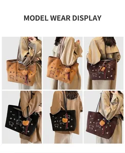 Suede tote bag showing multiple colors and cartoon bear charms on models for daily use