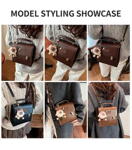 Vintage flap backpack for students showing diverse carrying ways with cute lion pendant