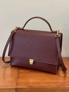 Retro burgundy textured leather crossbody bag with top handle and gold clasp