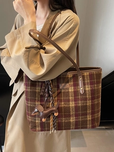 Plaid canvas tote bag with leather straps and decorative teddy bear charms for women