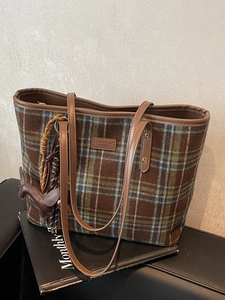 Brown plaid tweed tote bag with leather straps and teddy bear logo for women