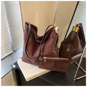 Brown frosted suede tote bag set with golden hardware and matching zipper pouch