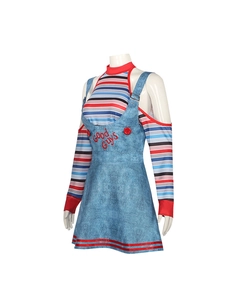 Detail van Good Guys overal jurk en kleurrijke gestreepte top voor Chucky-kostuum