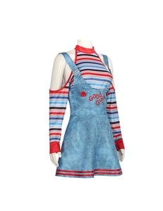 Detail van de kleurrijke gestreepte top en Good Guys borduursel op de clownjurk