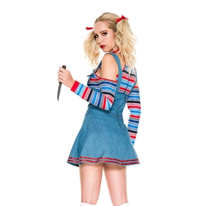 Dames Halloween Horror Clown Cosplay Kostuum Gestreepte Off Shoulder Lange Mouwen Top En Denim Blauwe Overgooier Jurk Outfit