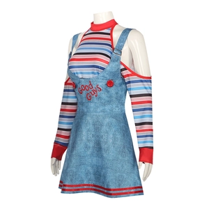 Eng poppen cosplay kostuum met gestreept shirt en blauwe Good Guys jurk setje