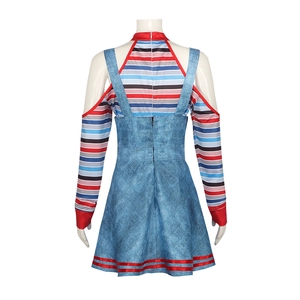 Achteraanzicht van dames horror clown cosplay kostuum met gestreept shirt en overgooier jurk