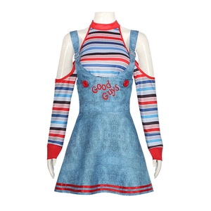 Clown cosplay kostuumset voor dames met gestreept shirt en Good Guys jurk voor Halloween