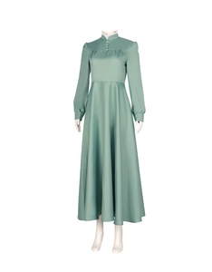 Detailopname van de vintage opstaande kraag en knopen op deze groene cosplay jurk