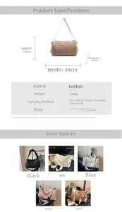 Detailed size guide and color options for large quilted canvas crossbody pillow bag