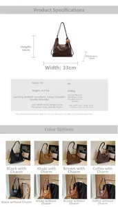 Size chart showing large PU tote bag dimensions with handle length and color options