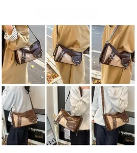 Collage of vintage patchwork shoulder bag worn as crossbody and tote in daily scenes
