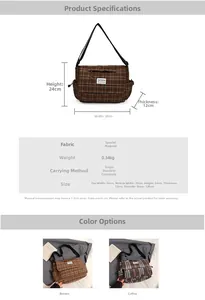 Detailed size specifications for the plaid shoulder bag including 34x24x12cm dimensions