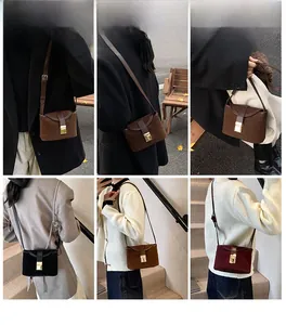 Detail shots of vintage matte crossbody buckets in brown, black, and burgundy leather